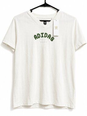NWT Adidas Cream Green Chenille Logo V Neck Tee Medium